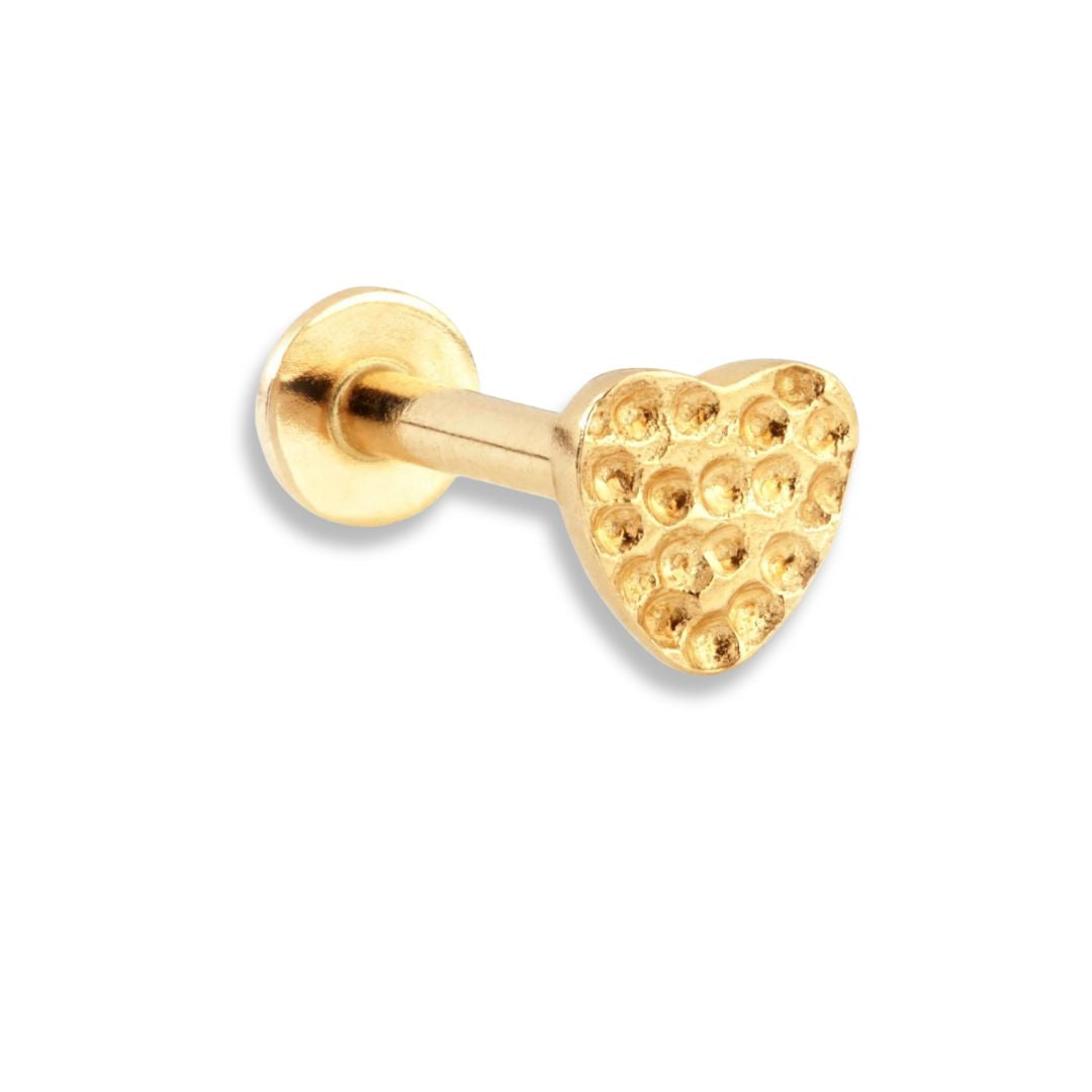 Cherie 9k solid yellow gold hammered heart internally threaded single labret stud - Helix & Conch