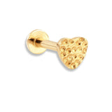 Cherie 9k solid yellow gold hammered heart internally threaded single labret stud - Helix & Conch
