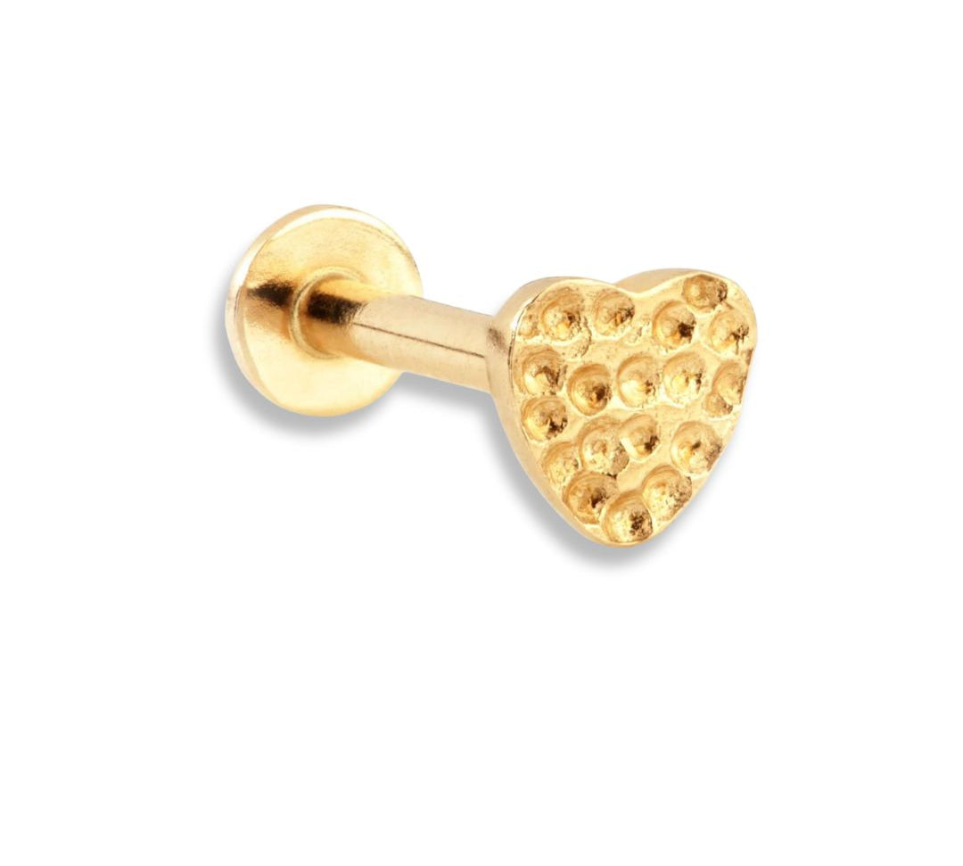 Cherie 9k solid yellow gold hammered heart internally threaded single labret stud - Helix & Conch