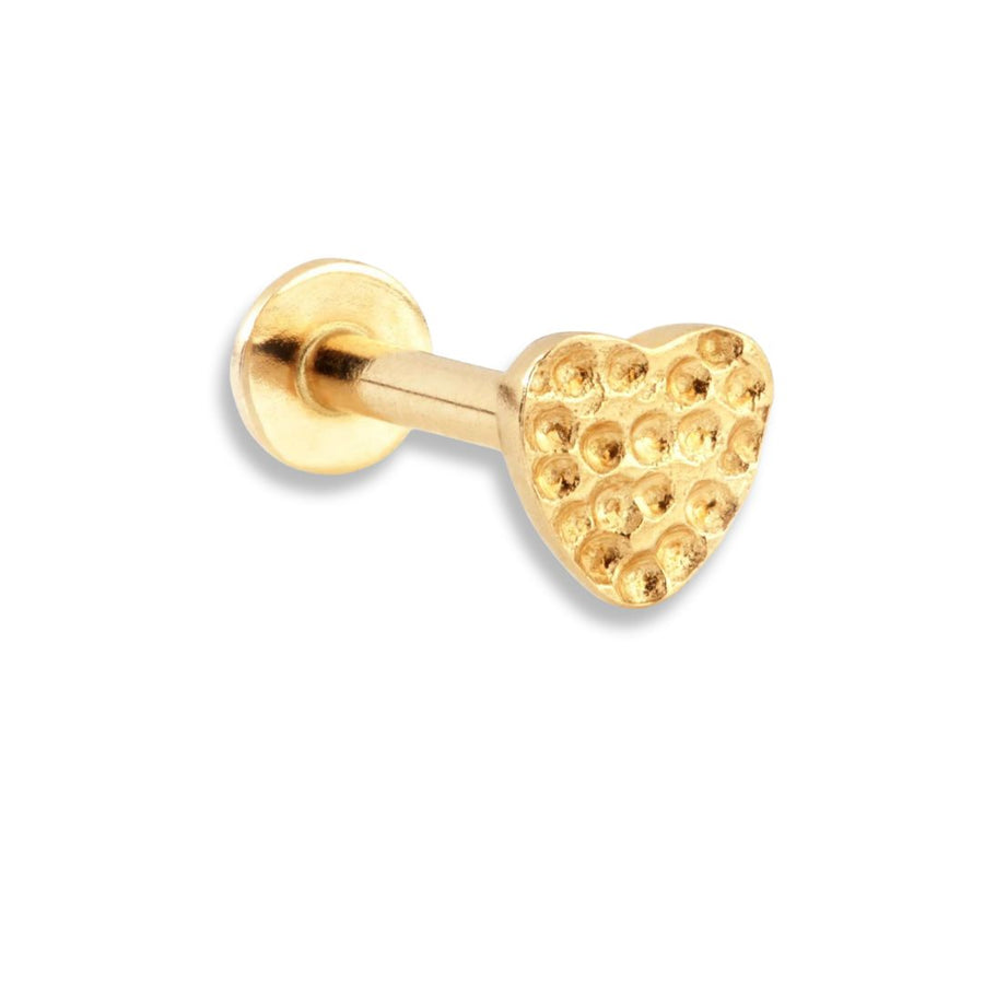 Cherie 9k solid yellow gold hammered heart internally threaded single labret stud