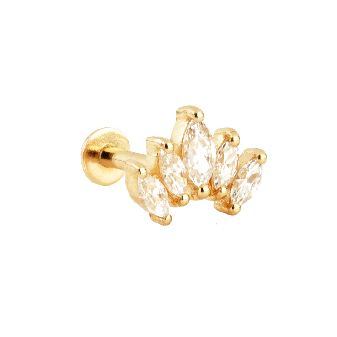 Couronne 9k solid yellow gold internally threaded crescent 5 crystal labret stud single earring - Helix & Conch