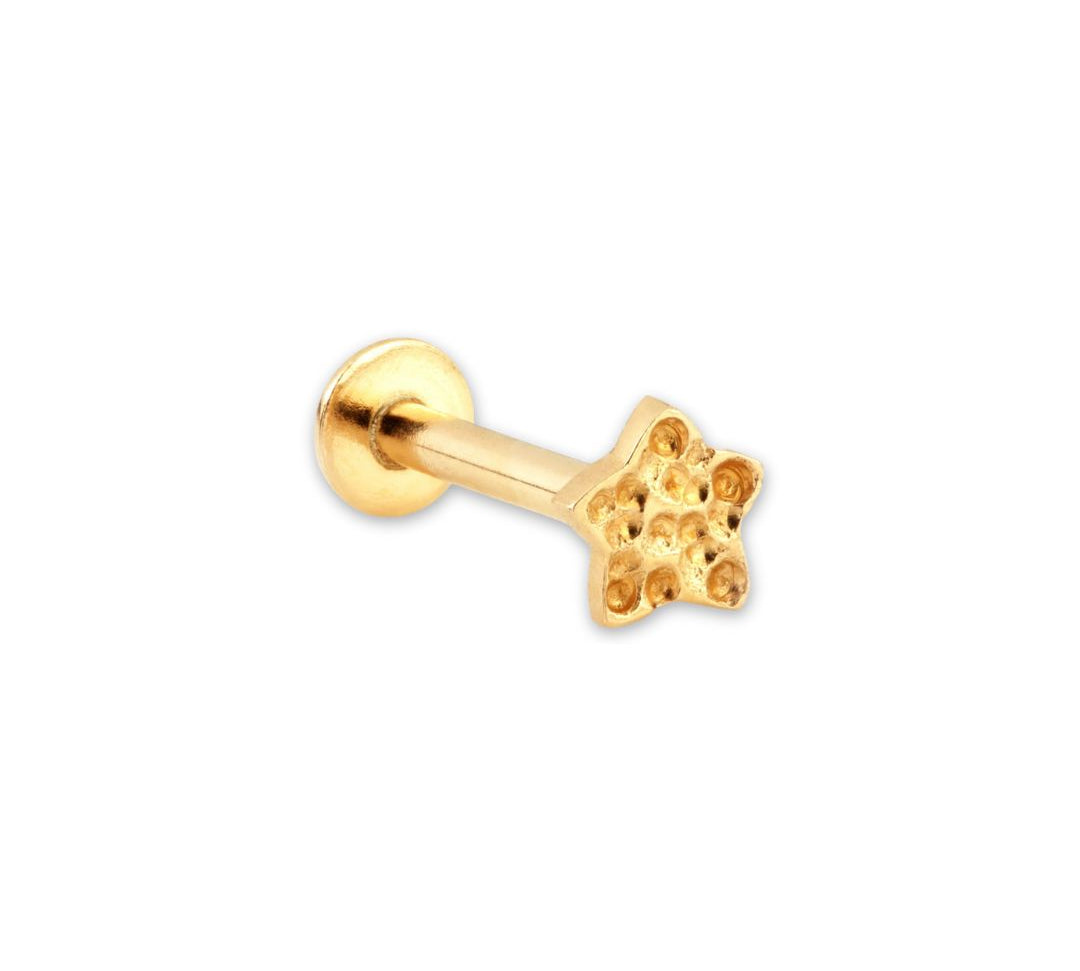 Nova 9k solid yellow gold hammered star internally threaded single labret stud - Helix & Conch