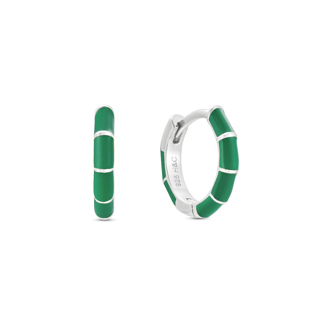 Verde Green Enamel Huggie Hoop, silver, hand-painted enamel earring for healed piercings