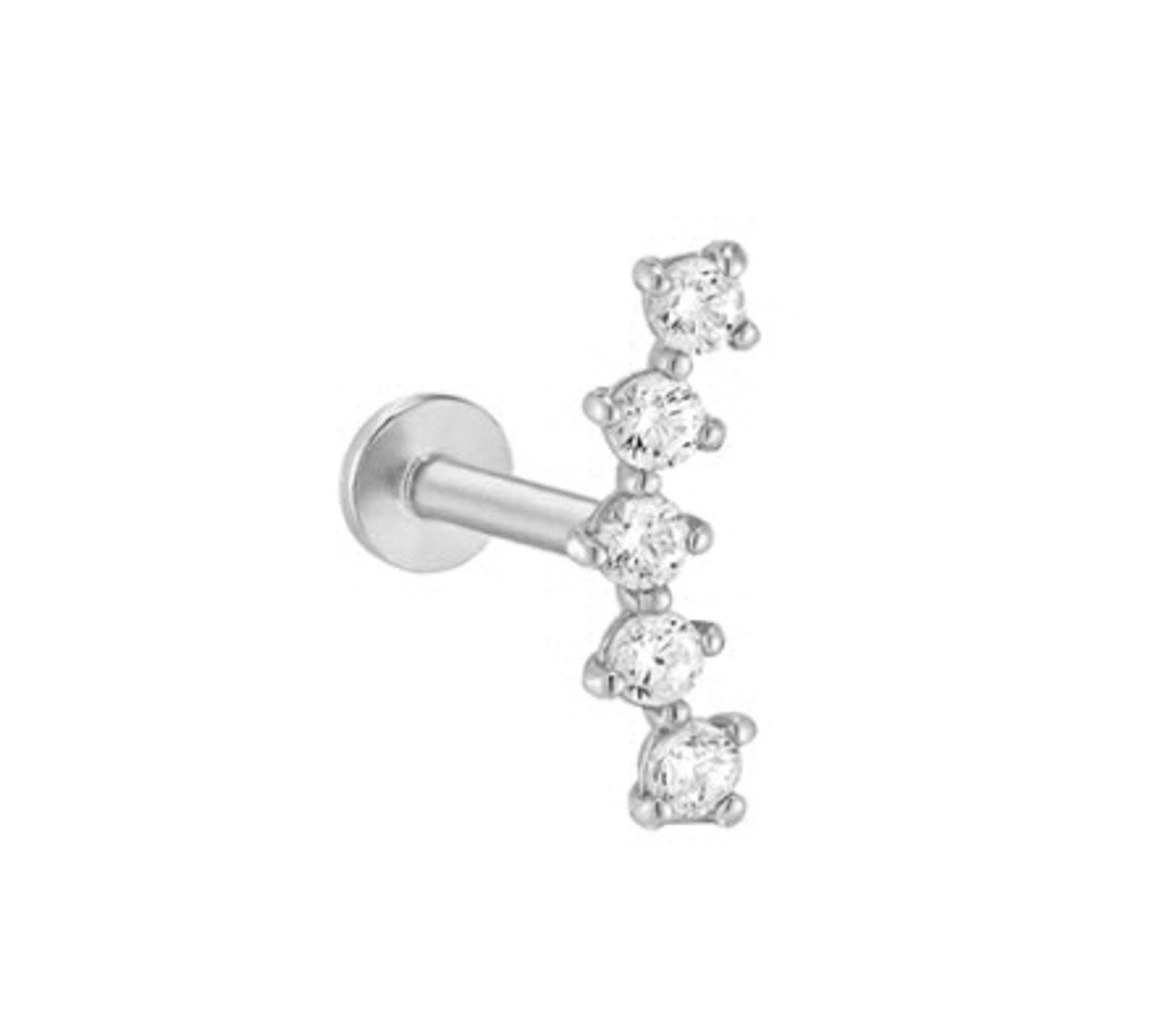 Asteria 14k solid white curved cubic zirconia internally threaded single labret stud - Helix & Conch