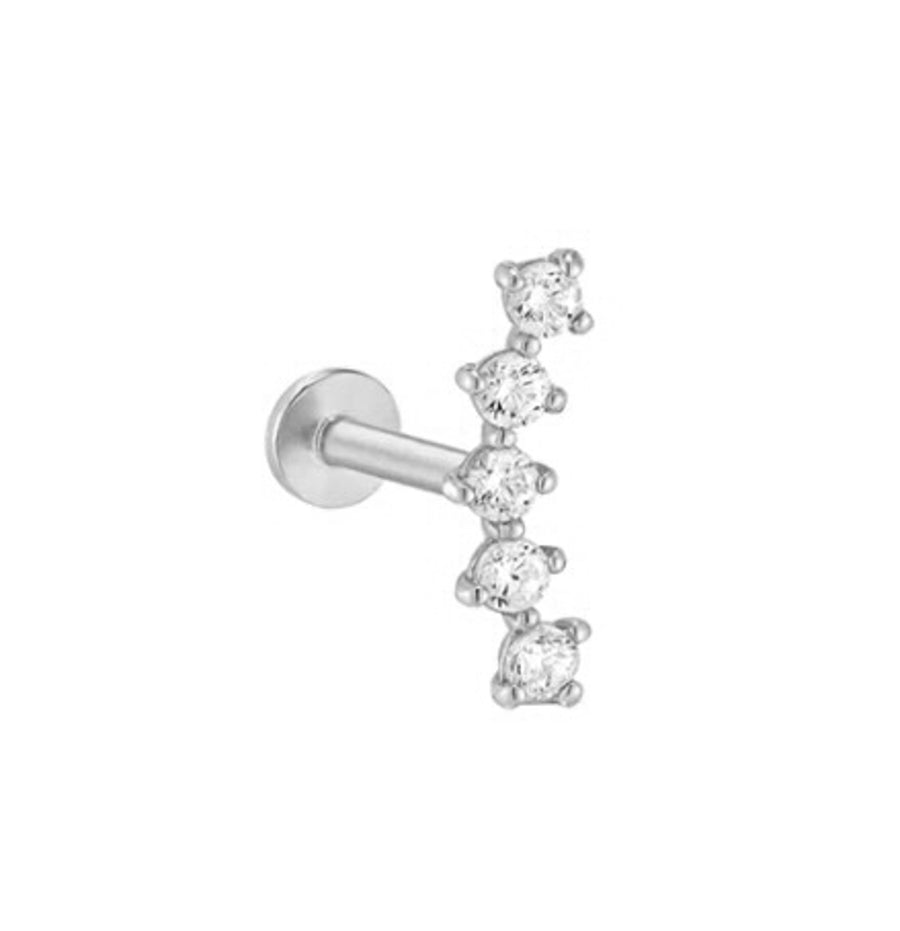 Asteria 14k solid white curved cubic zirconia internally threaded single labret stud