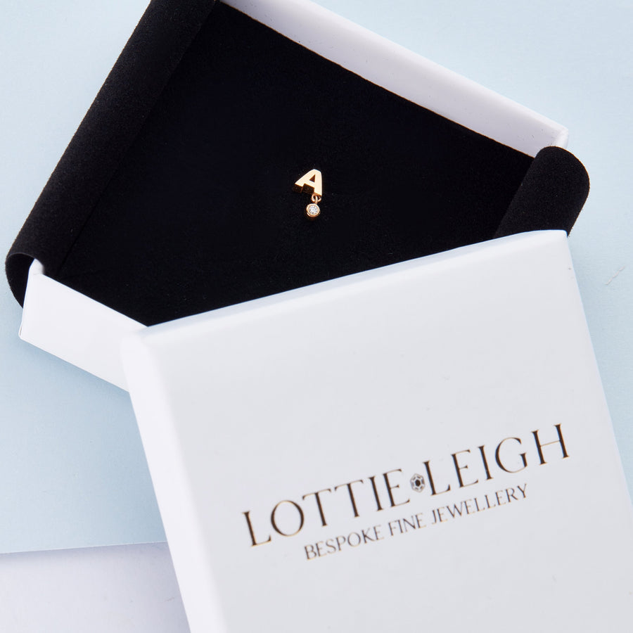 Lottie Leigh x Helix & Conch 9k solid gold initial butterfly back stud with Diamond drop