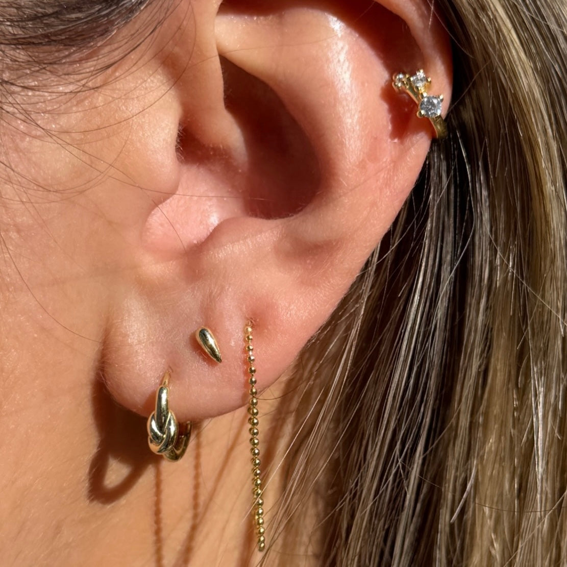 yellow gold plated earring stack with Perline beaded chain