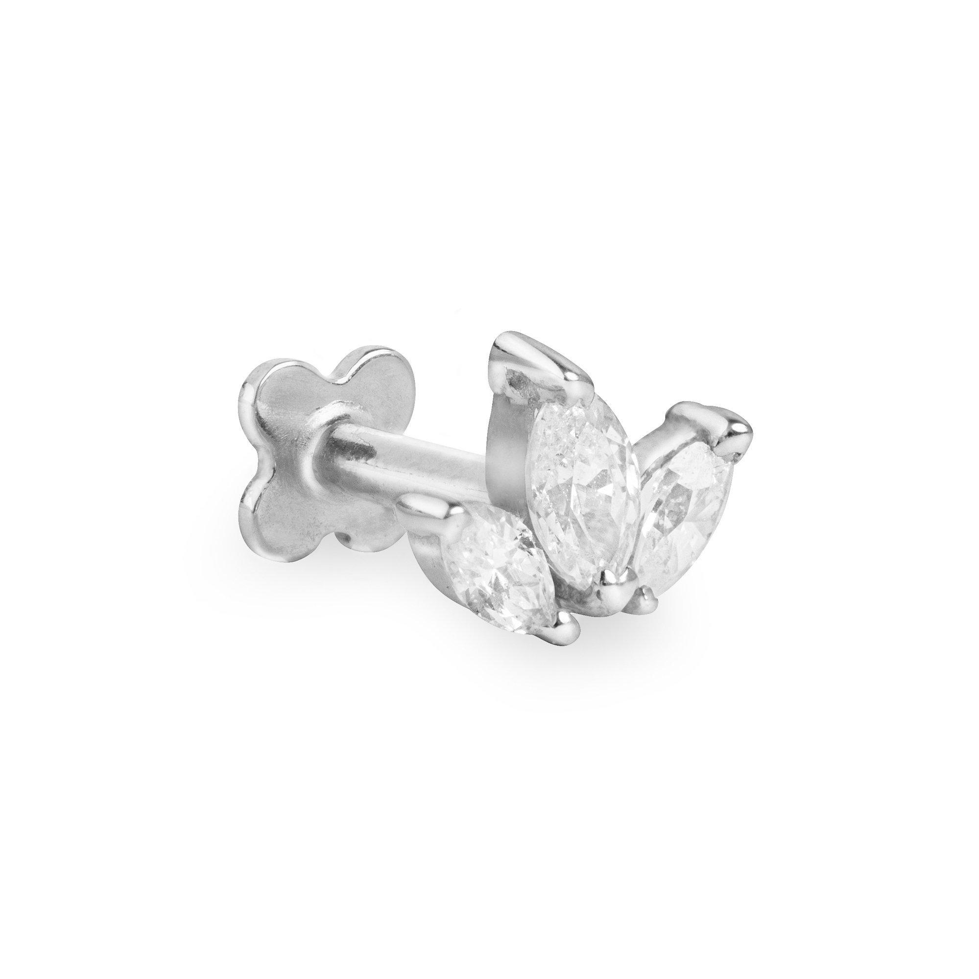 Alba 14k solid white gold internally threaded marquise cut crystal single labret stud - Helix & Conch