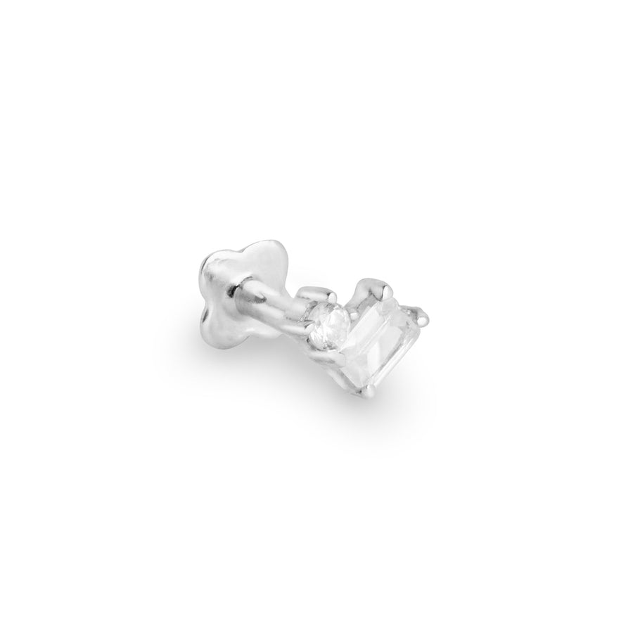 Bloque 9k solid white gold jewelled baguette and solitaire internally threaded single labret stud