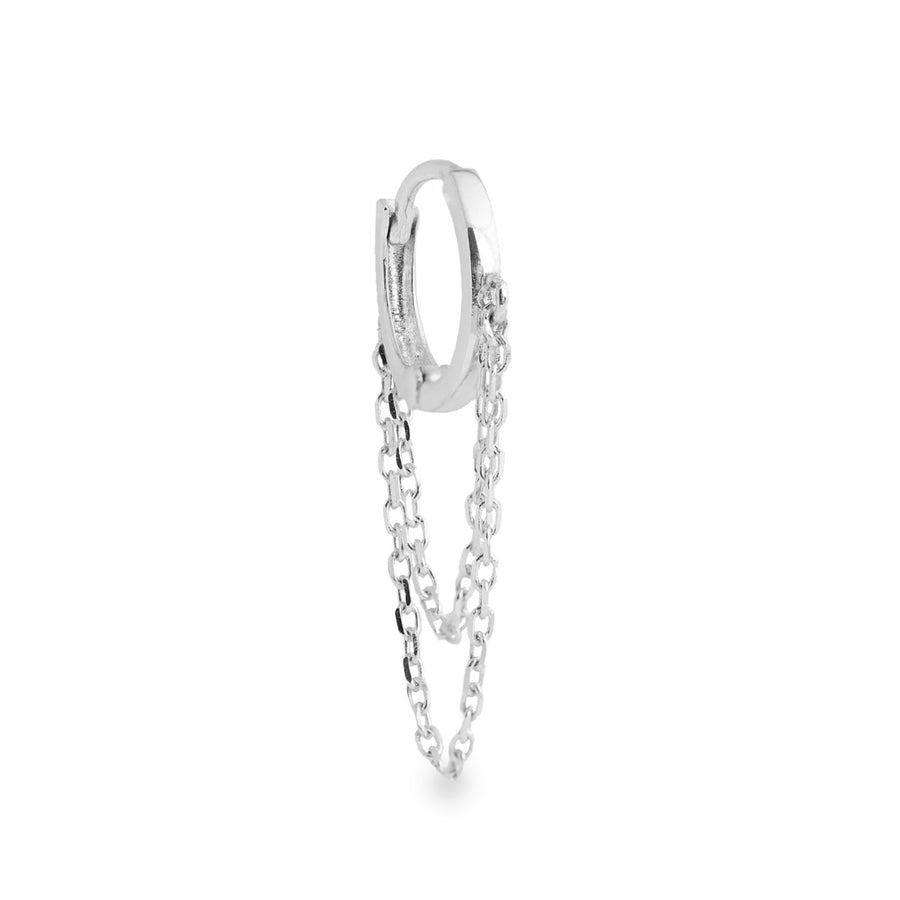 Coevo 14k solid white gold tiny single huggie with double chain