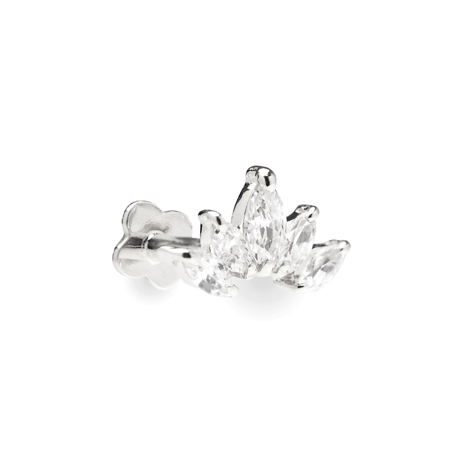 Couronne 14k solid white gold internally threaded crescent 5 crystal labret stud single earring - Helix & Conch