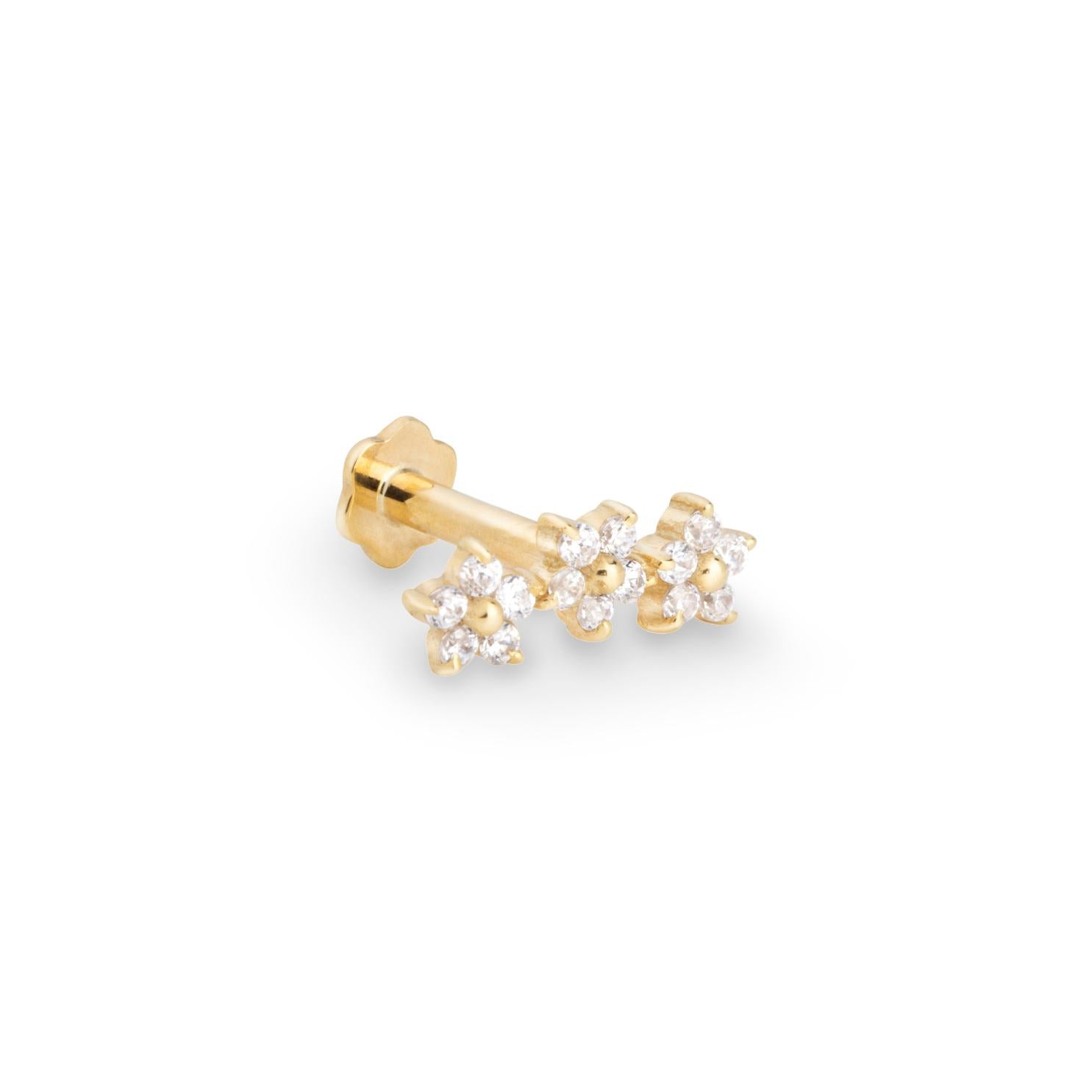 Flores 14k solid yellow gold triple flower internally threaded single labret stud - Helix & Conch