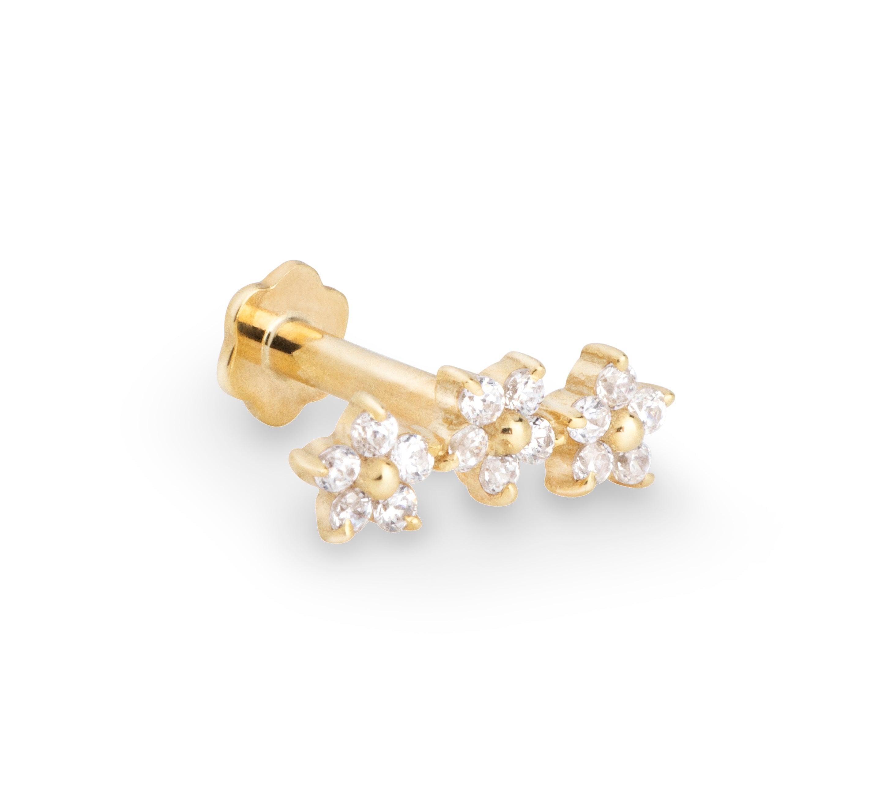 Flores 9k solid yellow gold triple flower internally threaded single labret stud (8mm post) - Helix & Conch