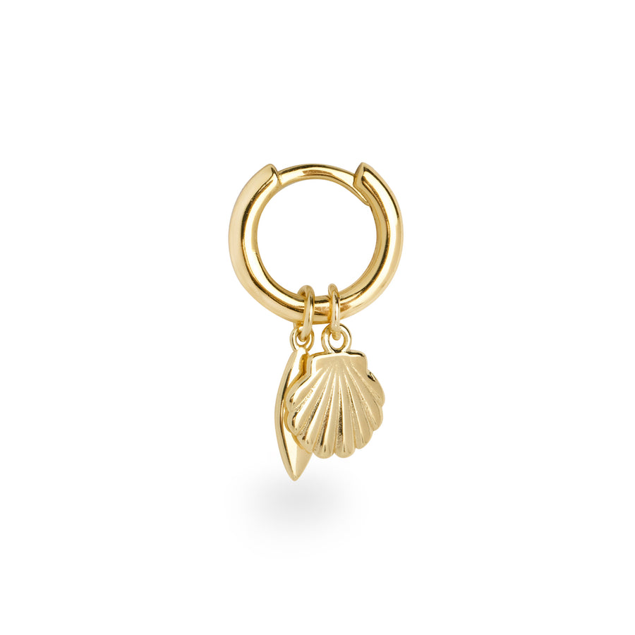 Fyra yellow gold huggie hoop single earring with detachable shell & leaf charm
