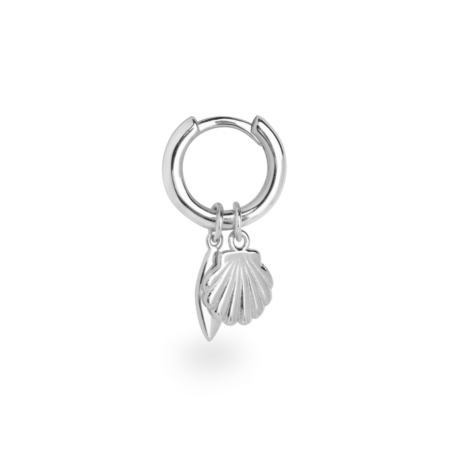 Fyra white gold huggie hoop single earring with detachable shell & leaf charm