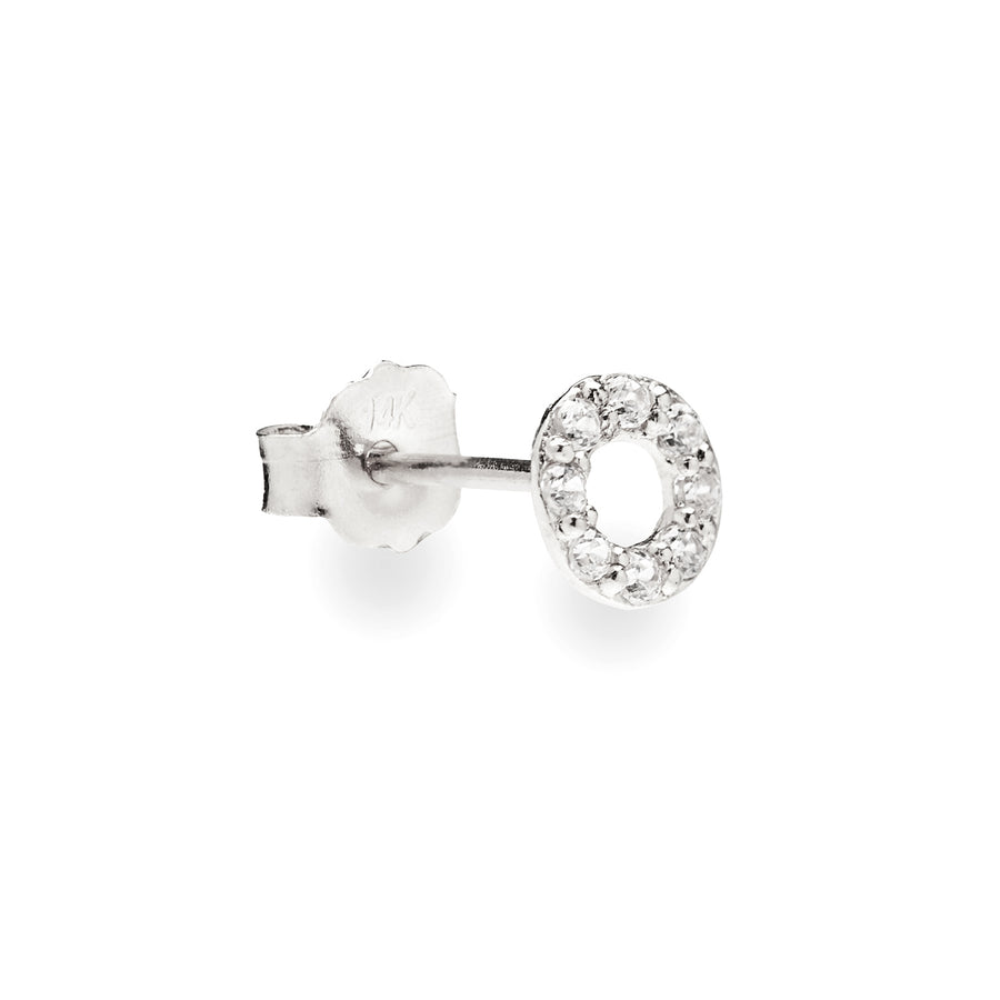 Halo 14k solid white gold tiny circle single stud with pave crystals