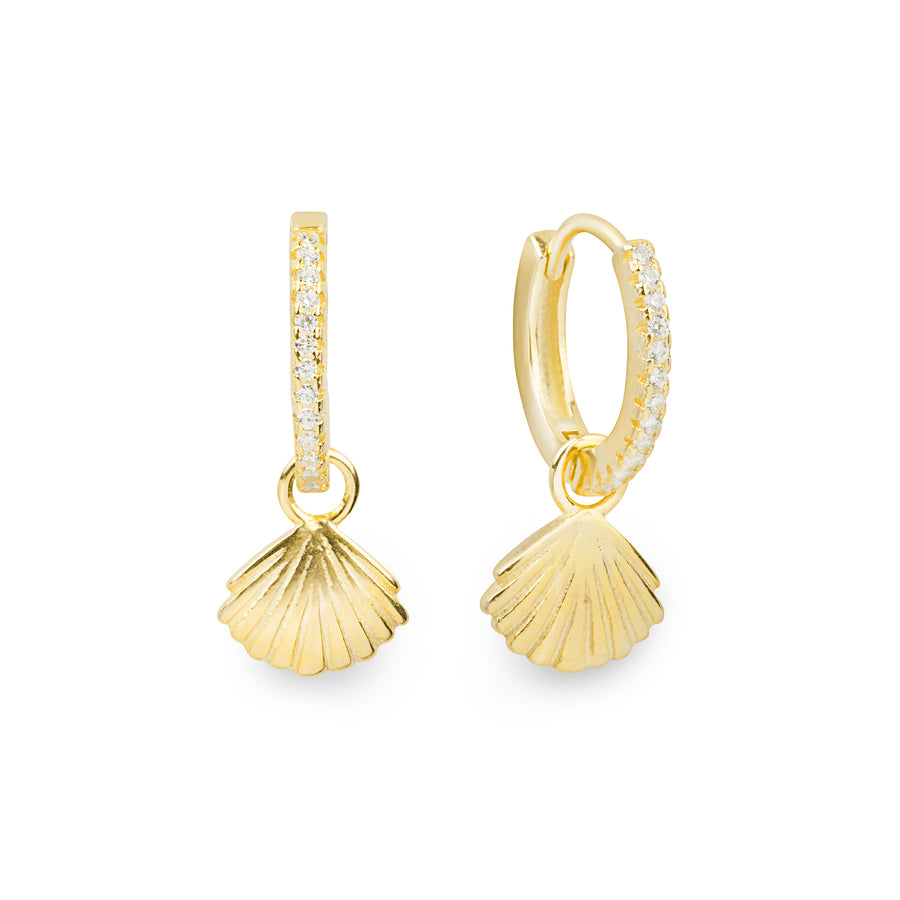 Cascara gold huggie hoop earrings with detachable shell charm