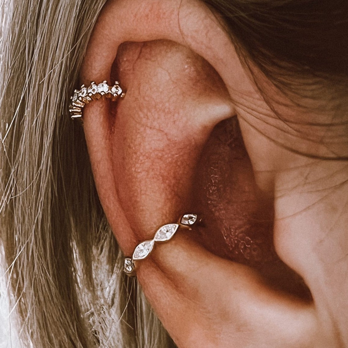 Tiare 9k large solid yellow gold hinged hoop conch single earring with marquise cut crystals - Helix & Conch