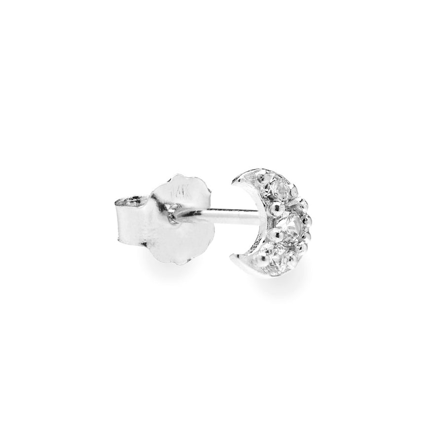Lunato 14k solid white gold tiny crescent moon single stud earring with white crystals