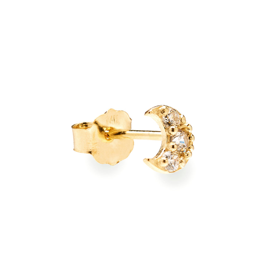 Lunato 14k solid yellow gold tiny crescent moon single stud earring with white crystals