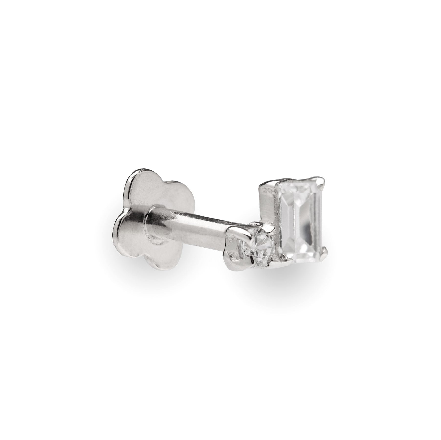Bloque 9k solid white gold jewelled baguette and solitaire internally threaded single labret stud - Helix & Conch