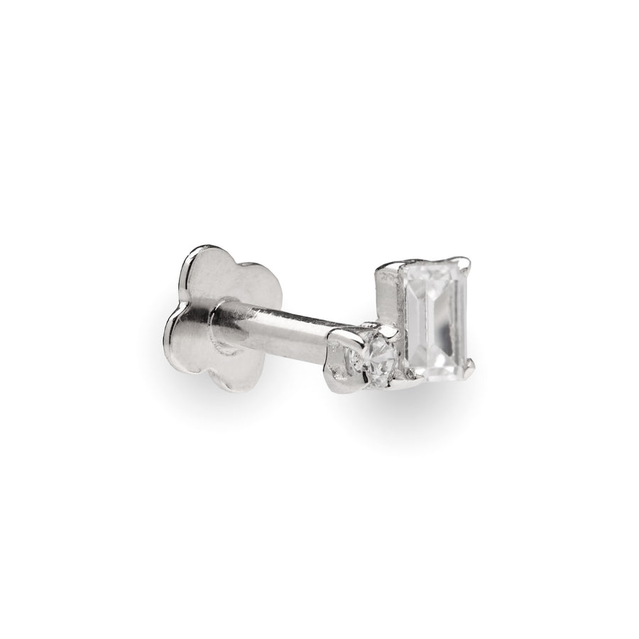 Bloque 9k white gold jewelled baguette and solitaire internally threaded labret stud