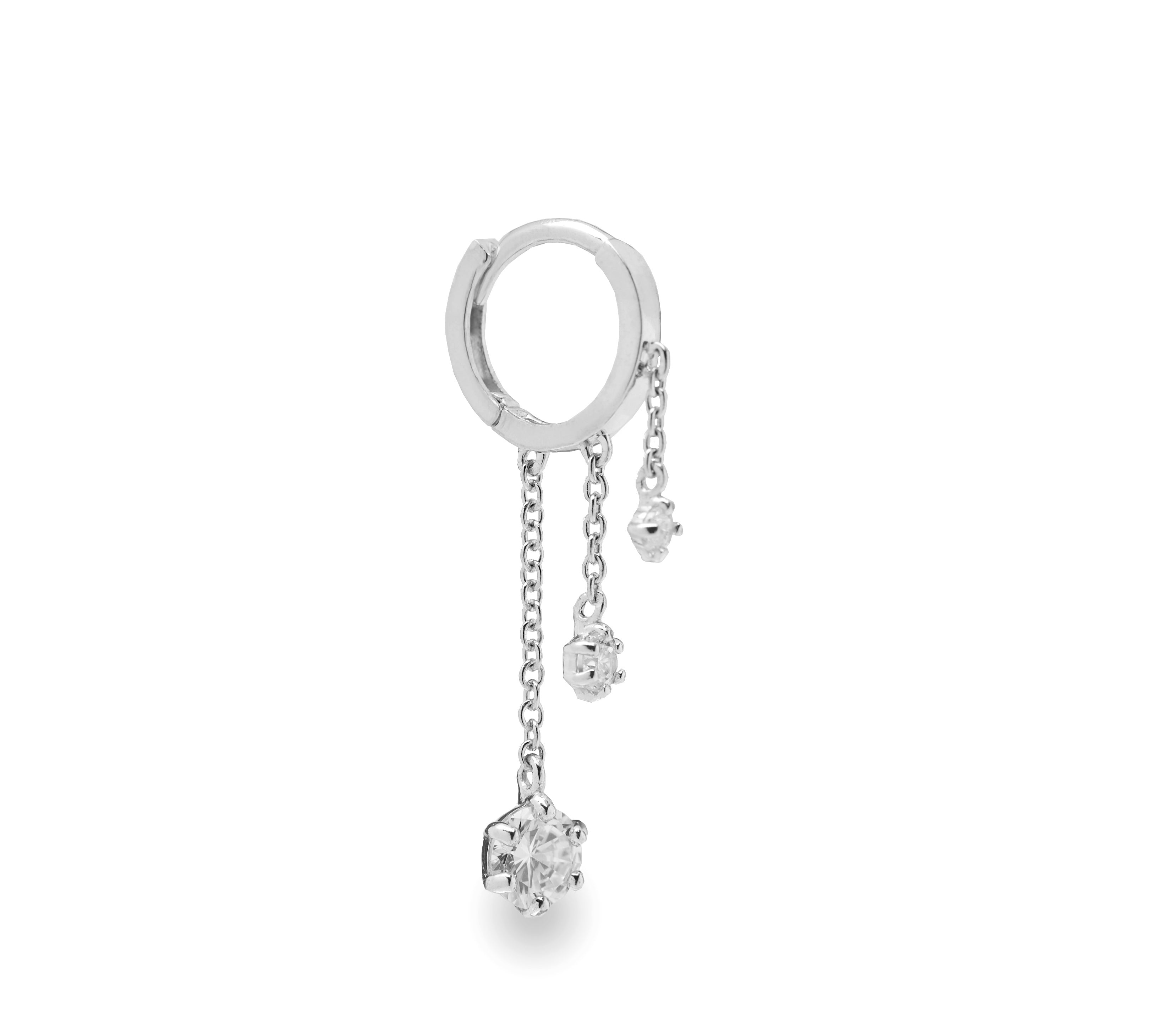 Ternio 9k solid white gold 8mm triple gem chain single huggie hoop earring - Helix & Conch