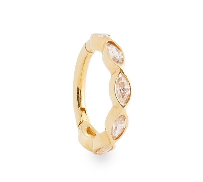Tiare 9k medium solid yellow gold hinged single hoop earring with marquise cut crystals - Helix & Conch