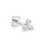 Trillium 9k solid white gold tri stone internally threaded labret stud - Helix & Conch