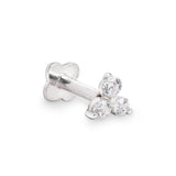 Trillium 9k solid white gold tri stone internally threaded labret stud - Helix & Conch
