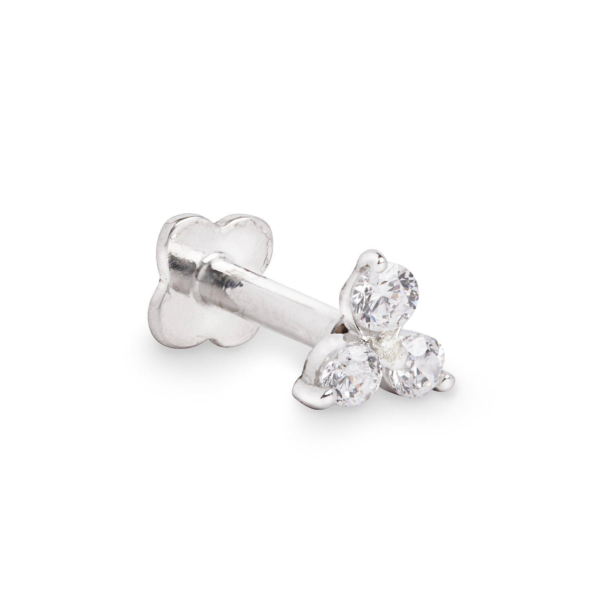 Trillium 9k solid white gold tri stone internally threaded labret stud - Helix & Conch