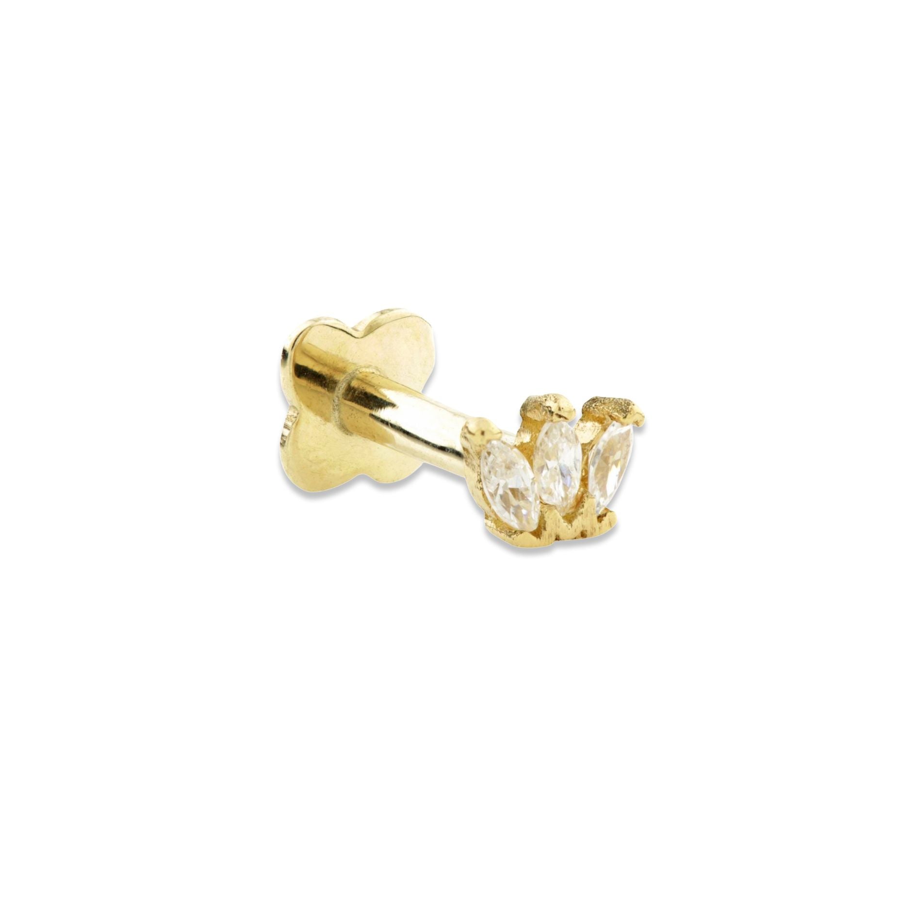 Alba tiny 9k solid yellow gold internally threaded marquise cut crystal single labret stud - Helix & Conch