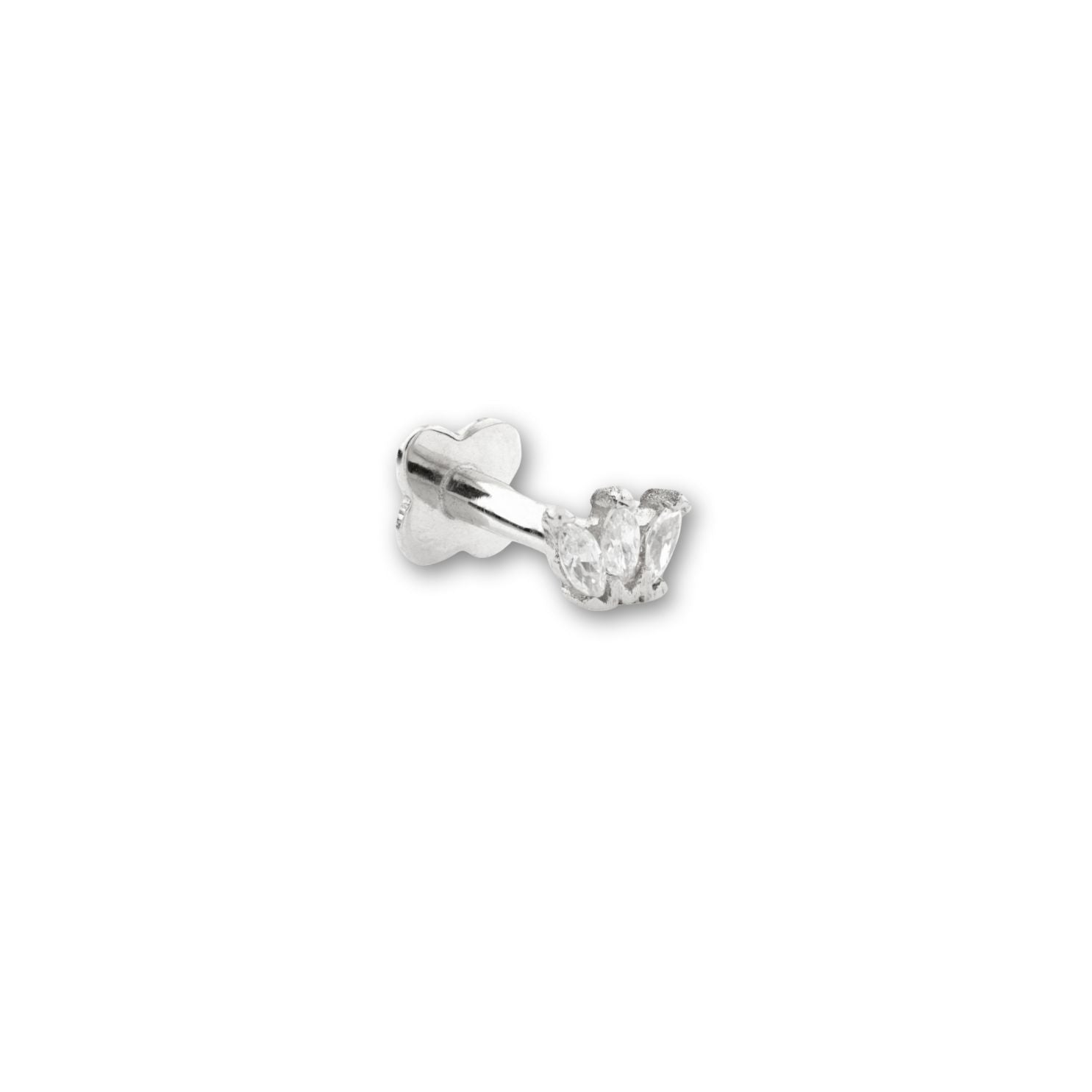 Alba tiny 14k solid white gold internally threaded marquise cut crystal single labret stud - Helix & Conch