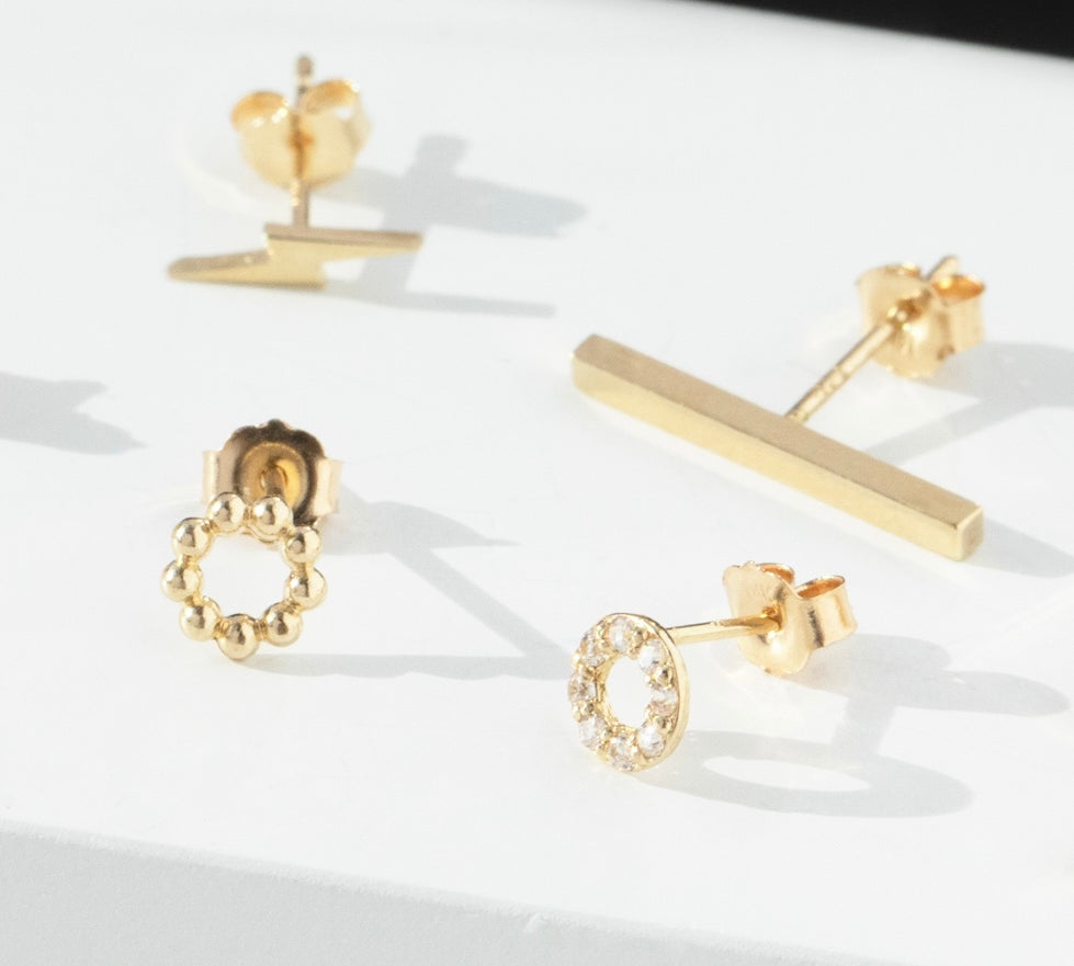 Halo 14k solid yellow gold tiny circle single stud with pave crystals - Helix & Conch